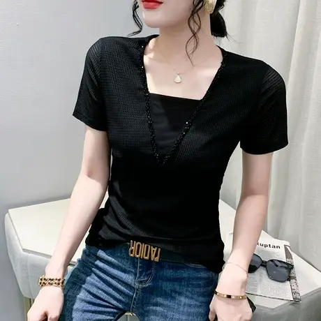 时尚钉珠V领T恤女短袖2024夏装新款性感蕾丝上衣百搭修身小衫体恤商品大图