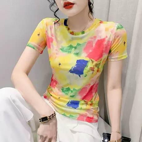 时尚网纱T恤女短袖2024夏季新款洋气印花小衫修身显瘦别致上衣ins商品大图