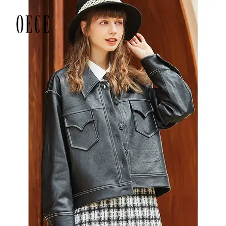 Oece冬装新款个性复古帅气设计感英伦皮衣小个子外套商品大图