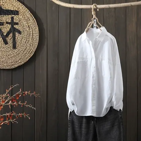 枫谜2021年春装新款文艺简约全棉口袋长袖衬衫女宽松休闲白衬衣商品大图