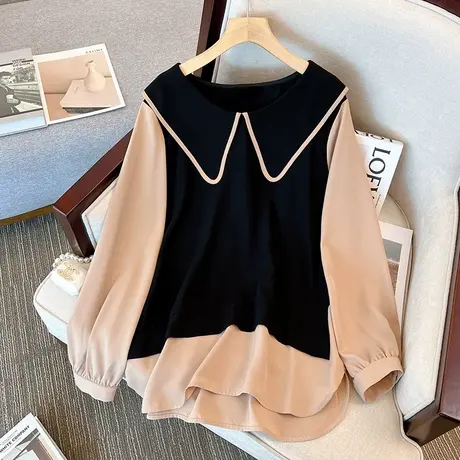 娃娃领衬衫大码女装上衣2023秋季新款设计感显瘦胖mm拼接假两件女商品大图