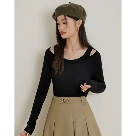 弥古黑色露肩针织衫假两件上衣女小众法式镂空修身内搭春秋打底衫图片