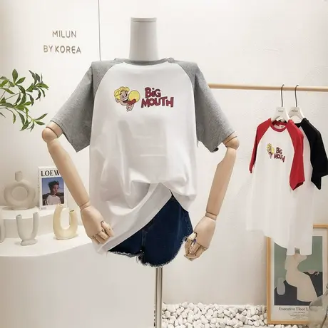 ins原宿风港味复古插肩袖上衣夏季新款韩国东大门减龄休闲T恤宽松图片