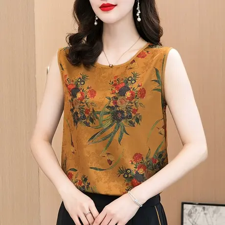 复古香云纱吊带背心女外穿真丝打底衫印花洋气无袖时尚宽松上衣商品大图
