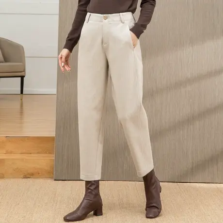 米色毛呢裤子女秋冬2024新款冬加绒女裤冬季萝卜裤休闲九分哈伦裤商品大图