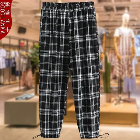 中年大码女装春秋休闲裤40-50岁胖妈妈时尚加肥加大格子束脚长裤图片