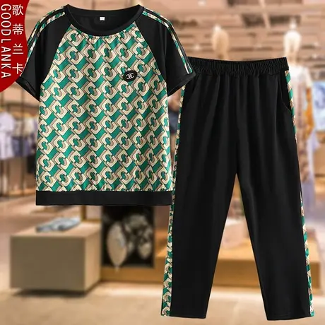 40-50岁中年妈妈夏装短袖t恤两件套大码宽松时尚印花运动休闲套装商品大图