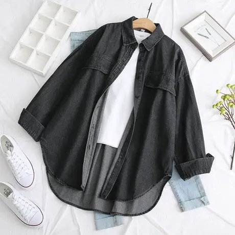 2020春秋宽松中长款黑色牛仔衬衣女韩版薄款复古显瘦衬衫BF风外套商品大图