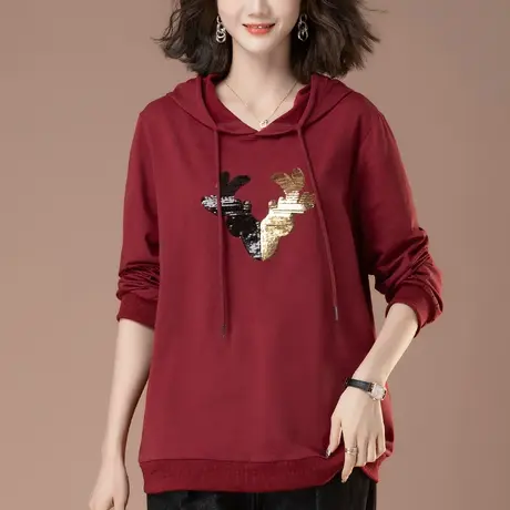 中年妈妈春秋新款连帽卫衣女加肥加大码宽松休闲纯棉红色上衣外套商品大图