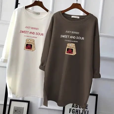 纯棉磨毛中长款侧边开叉打底上衣秋冬新款长袖t恤女宽松韩版内搭图片