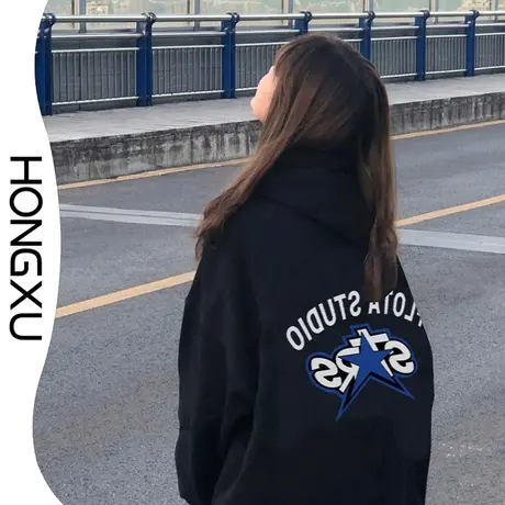 红续冬季加厚加绒连帽卫衣黑色2023美式高街复古上衣宽松显瘦长袖商品大图