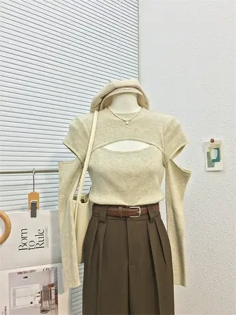 秋装2023新款竖坑条修身弹力针织衫小立领露胸截断长袖小衫上衣服图片