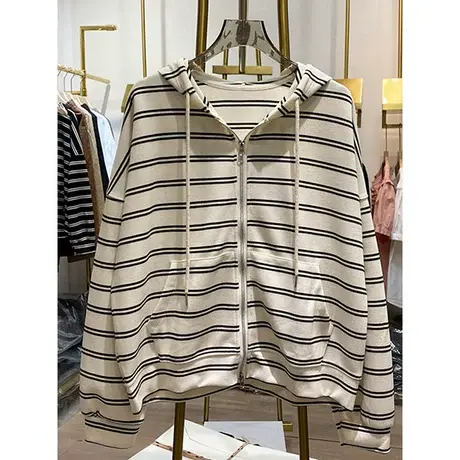 春秋新款条纹拉链连帽卫衣女薄款韩版宽松学生休闲外套长袖上衣潮图片