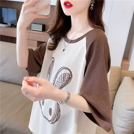 小众设计感小个子短袖t恤女夏季韩版宽松大码女装华夫格撞色上衣图片