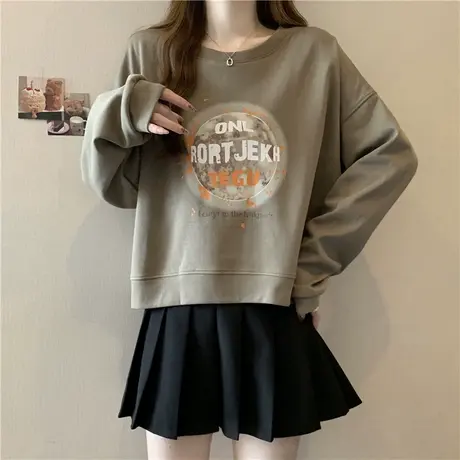 vintage圆领无帽长袖卫衣女秋冬宽松休闲加绒加厚短款小个子上衣商品大图