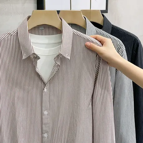 微弹免烫条纹衬衫男士修身商务寸衫秋季新款轻熟帅气休闲长袖衬衣商品大图