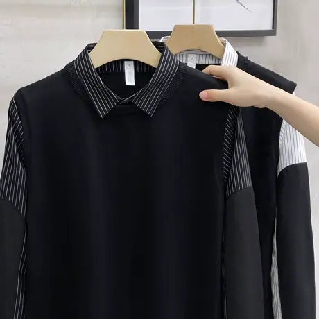 2023秋冬季新款条纹拼接衬衫假两件毛衣男韩版修身潮流针织打底衫图片