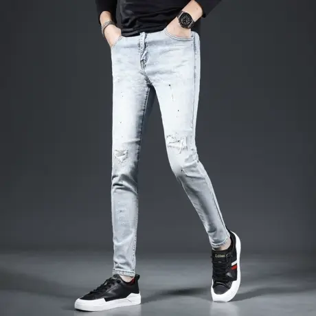 浅蓝色破洞牛仔裤男春秋款2023新款修身小脚裤时尚潮流男士牛仔裤商品大图