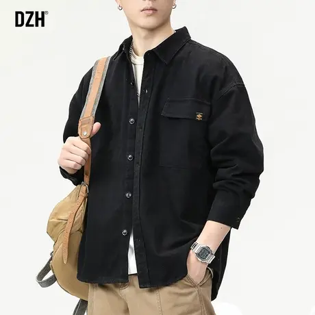 男士黑色工装衬衫外套男高级感长袖秋季上衣男款休闲衬衣2024新款商品大图