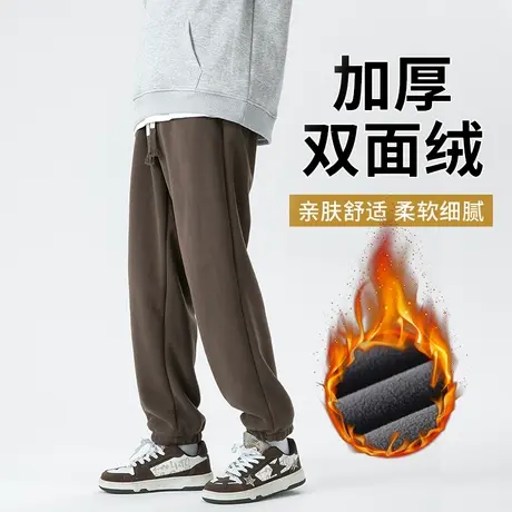 青少年加绒加厚裤子男冬季咖色运动裤束脚裤潮牌摇粒绒男裤加绒裤商品大图