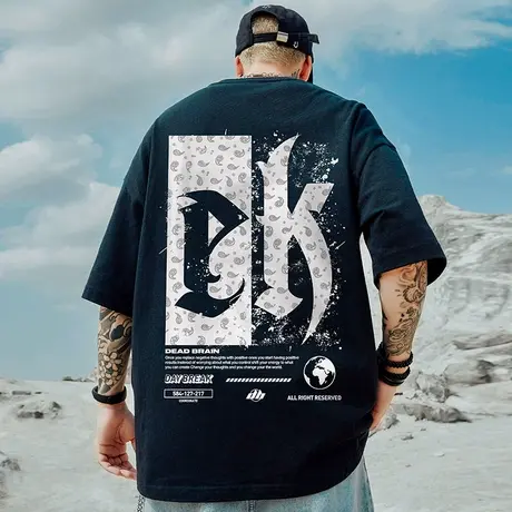 oversize欧美高街潮牌大码男装国潮宽松短袖T恤潮流胖子五分半袖商品大图