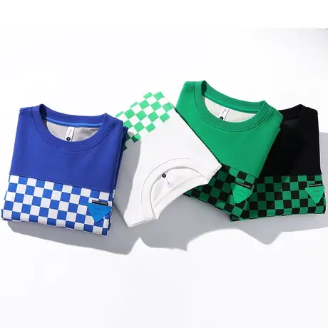 男士圆领套头卫衣男士春秋款宽松潮流百搭上衣春季棋盘格上衣外套商品大图