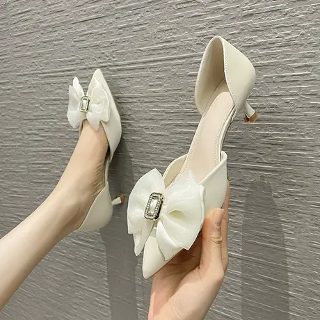 性感蝴蝶结水钻单鞋2024春季新款尖头法式仙女风中空高跟鞋女细跟图片