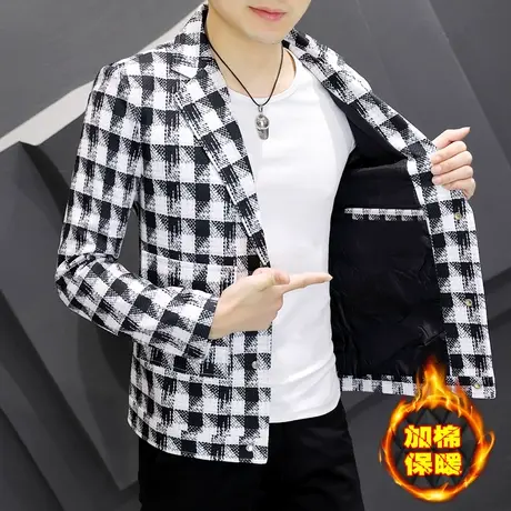 英伦雅痞格子西服外套男士潮流加绒加厚夹克秋冬季拼色帅气小西装商品大图