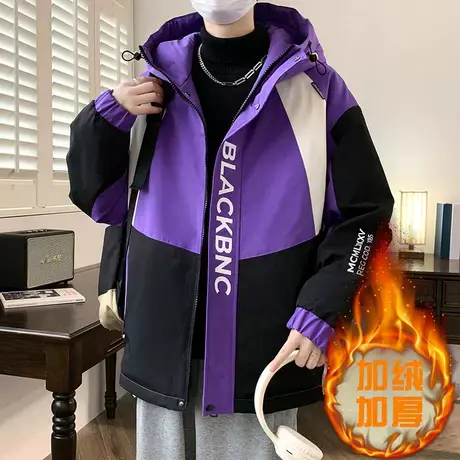 秋冬季青少年百搭宽松休闲加绒加厚学生夹克韩版拼色连帽外套男商品大图