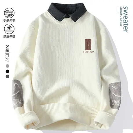衬衫领毛衣男秋冬款加绒加厚假两件针织衫男宽松休闲内搭毛线衣服商品大图