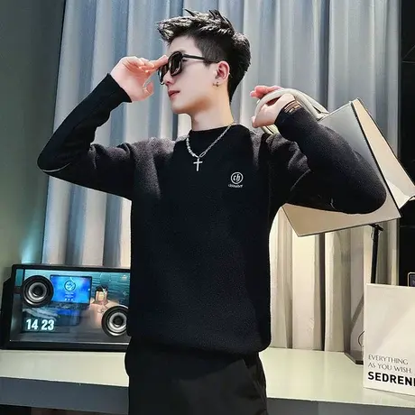 冬季2023新款加绒毛衣男潮牌简约字母刺绣保暖加厚套头内搭针织衫商品大图