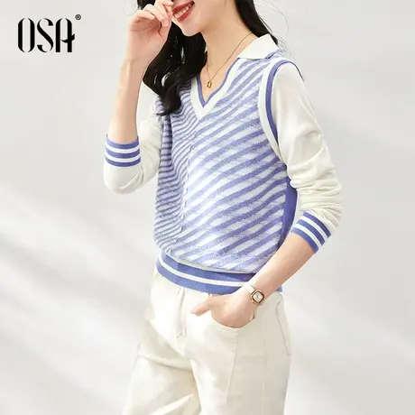 OSA欧莎春装2023年新款女设计感假两件V领条纹针织衫内搭打底上衣商品大图