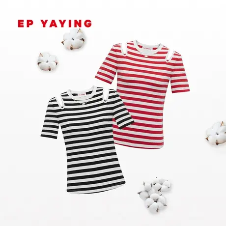 EP雅莹女装 甜辣小上衣复古露肩条纹短袖T恤 2023夏装新款5350A图片