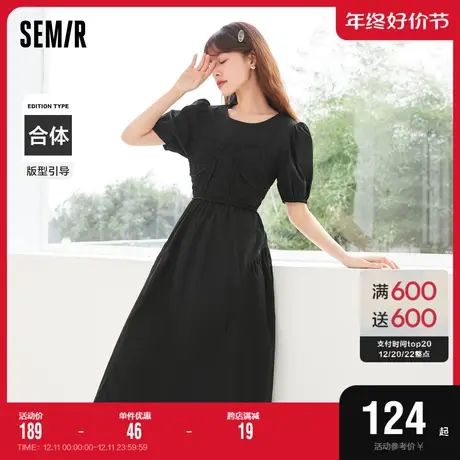 森马连衣裙女泡泡袖拼接甜美风时尚2022夏季新款圆领裙子气质图片