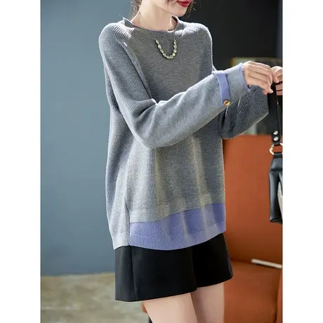 宝诗黎圆领宽松拼接慵懒针织衫2024年春季新款内搭打底长袖毛衣女商品大图
