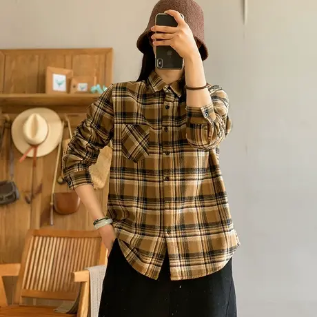 dza 复古条纹加绒格子衬衫外套秋冬内搭叠穿打底上衣宽松显瘦衬衣图片