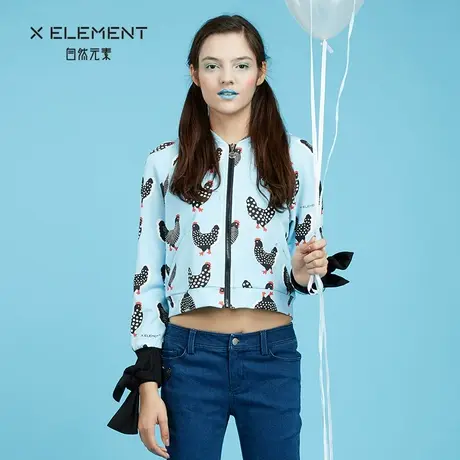 自然元素2017新款女装时尚短款外套公鸡印花休闲卫衣带帽修身显瘦商品大图