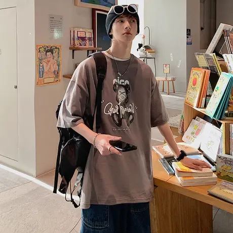 夏季印花小熊短袖t恤男ins女港风纯棉潮流港风百搭宽松半袖情侣装商品大图