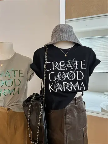 ins韩系风简约短袖字母t恤女早秋正肩短款磨毛打底衫显瘦圆领上衣图片