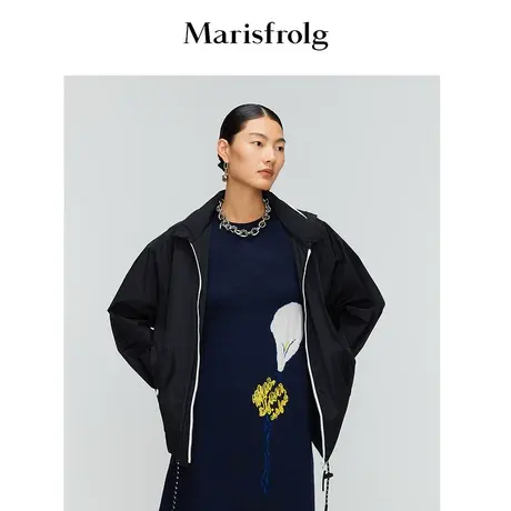 玛丝菲尔女装春新款黑色连帽立领风衣式短外套夹克休闲帅气商品大图