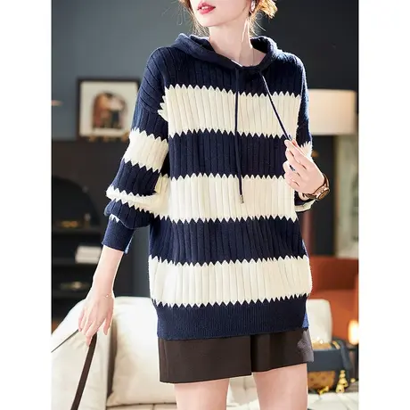 宝诗黎连帽条纹落肩针织卫衣女2024春季新款宽松百搭长袖毛衣潮商品大图