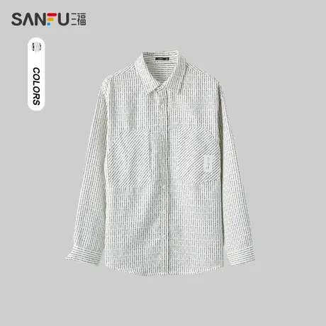 三福2024春季男士竖条小香风长衬衫 时尚落肩翻领上衣男482601商品大图