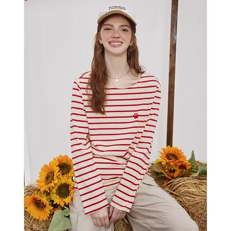 a022025春季新款条纹女上衣拼接撞色长袖T恤舒适面料百搭显瘦商品大图