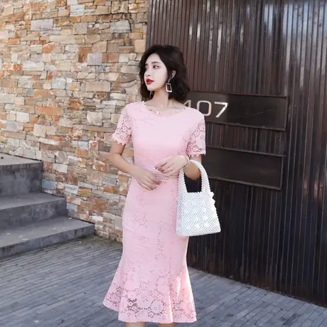 夏装2023新款女裙子气质纯色优雅洋气蕾丝甜美镂空性感包臀连衣裙商品大图