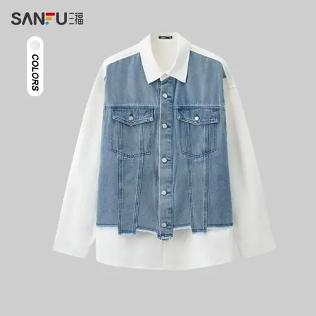 三福2024春季男士潮流假两件长衬衫 宽松拼接翻领上衣男482520图片