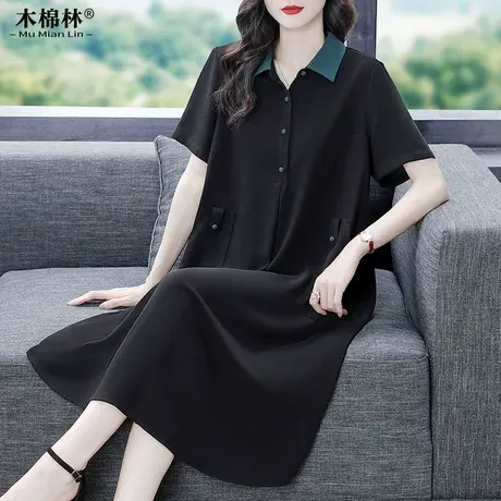 加肥加大洋气撞色翻领雪纺长裙中年妈妈贵夫人气质遮肚别致连衣裙商品大图