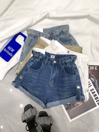 欧洲站绑带卷边牛仔短裤女2024春夏新款显瘦百搭高腰a字阔腿短裤图片