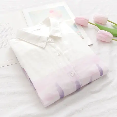 春季清新文艺水彩手绘印花纯棉长袖衬衫 双层棉纱柔软透气上衣 女商品大图