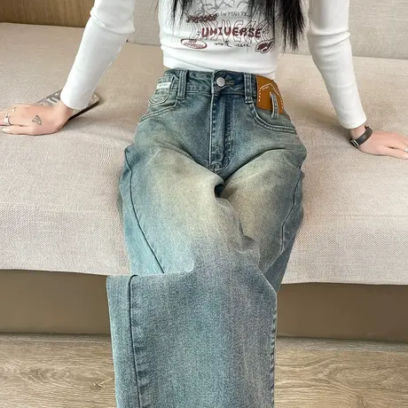 窄版直筒牛仔裤女2024年新款春装复古高腰显瘦百搭宽松阔腿拖地裤商品大图