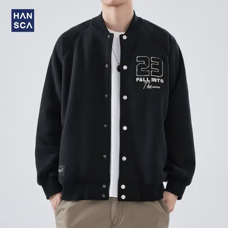 hansca冬季开衫卫衣男士美式加绒棒球服秋冬款复古飞行夹克外套潮商品大图